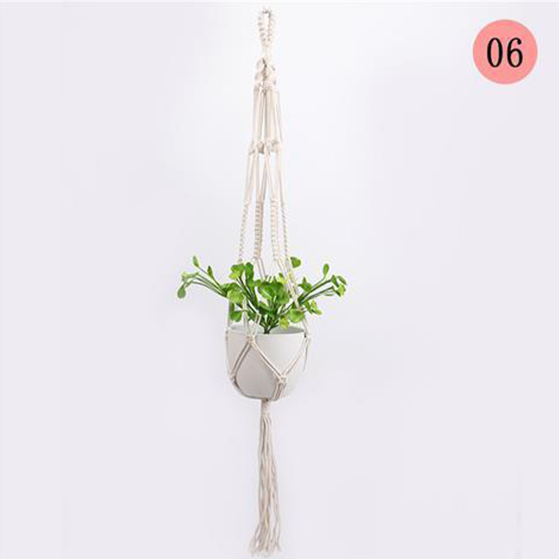 Hængende nettaske til blomsterpotter, moderne boho-stil, beige bomuldssnor, til indendørs og udendørs brug, detaljer.