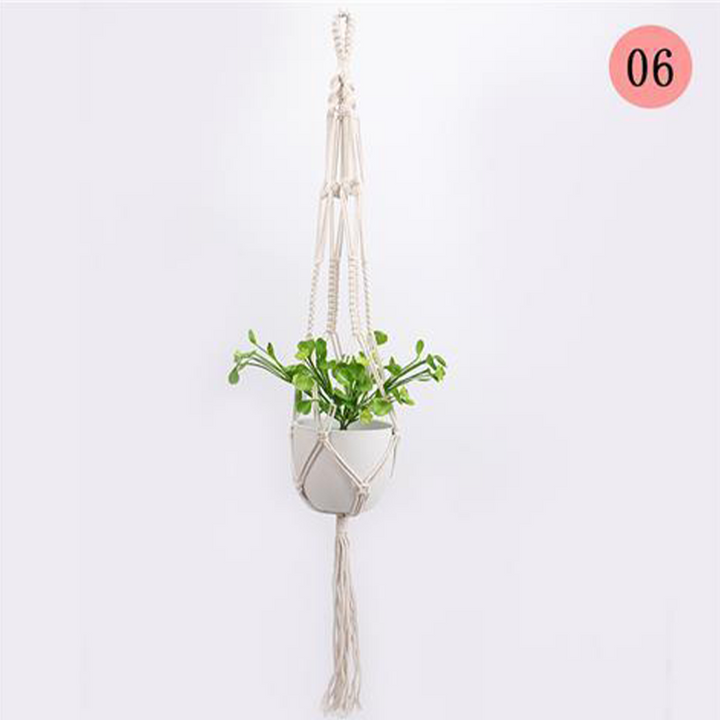 Hængende nettaske til blomsterpotter, moderne boho-stil, beige bomuldssnor, til indendørs og udendørs brug, detaljer.