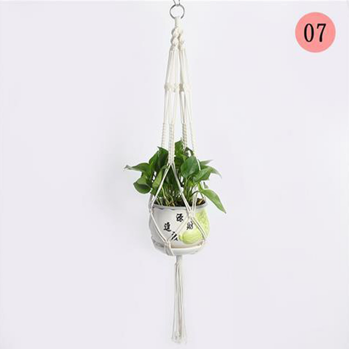 Hængende nettaske til blomsterpotter, moderne boho-stil, beige bomuldssnor, til indendørs og udendørs brug, detaljer.