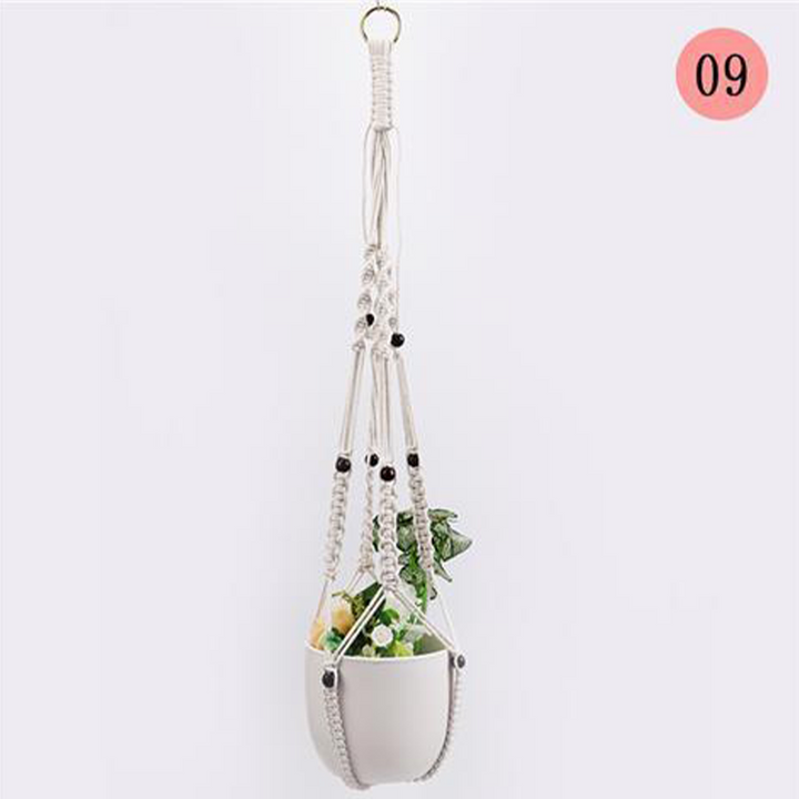 Hængende nettaske til blomsterpotter, moderne boho-stil, beige bomuldssnor, til indendørs og udendørs brug, detaljer.