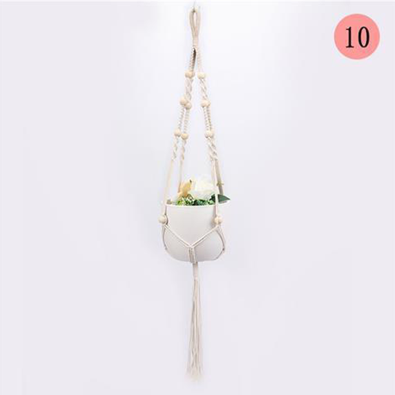 Hængende nettaske til blomsterpotter, moderne boho-stil, beige bomuldssnor, til indendørs og udendørs brug, detaljer.
