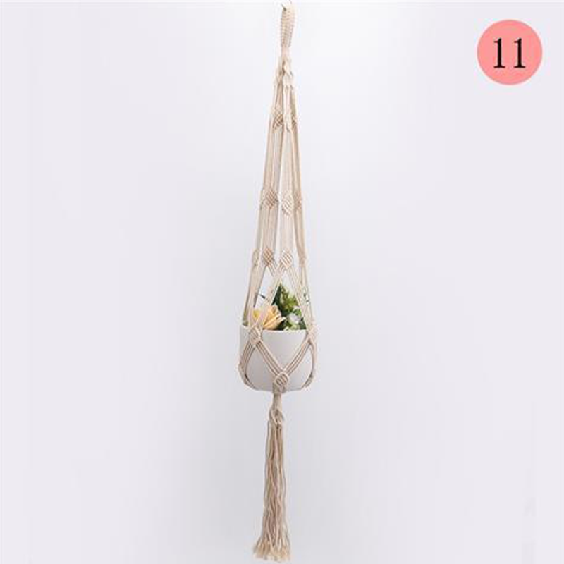 Ripustettava moderni verkkotasku kukkaruukuille, boho-tyyli, beige puuvillaköysi, sisä- ja ulkokäyttöön, yksityiskohtia.