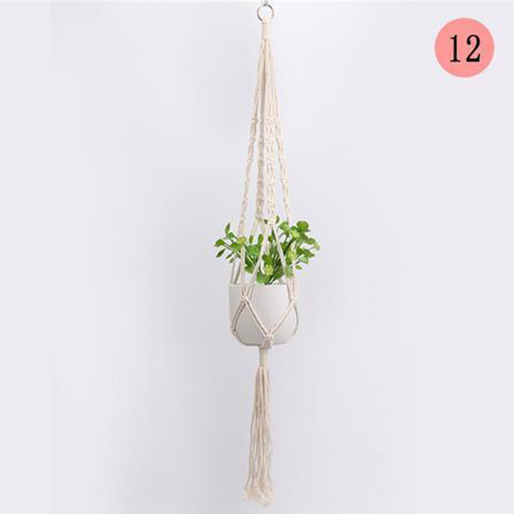 Ripustettava moderni verkkotasku kukkaruukuille, boho-tyyli, beige puuvillaköysi, sisä- ja ulkokäyttöön, yksityiskohtia.