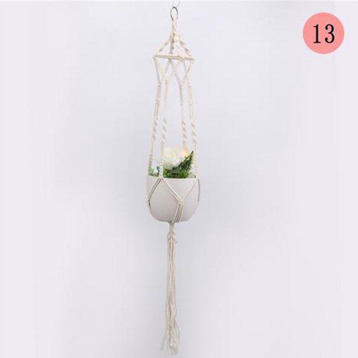 Ripustettava moderni verkkotasku kukkaruukuille, boho-tyyli, beige puuvillaköysi, sisä- ja ulkokäyttöön, yksityiskohtia.