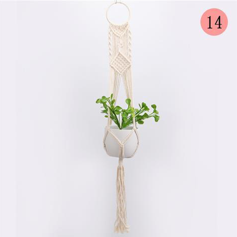 Ripustettava moderni verkkotasku kukkaruukuille, boho-tyyli, beige puuvillaköysi, sisä- ja ulkokäyttöön, yksityiskohtia.