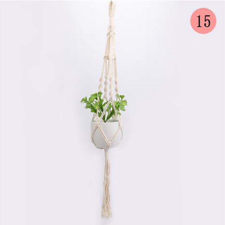 Ripustettava moderni verkkotasku kukkaruukuille, boho-tyyli, beige puuvillaköysi, sisä- ja ulkokäyttöön, yksityiskohtia.