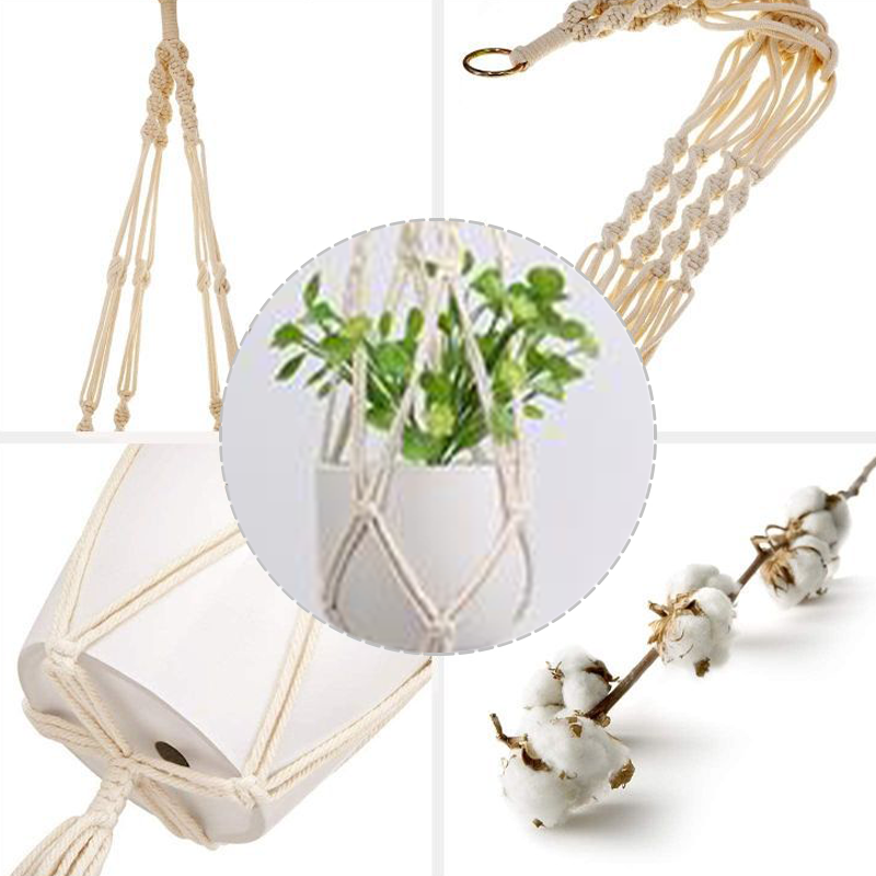 Hængende nettaske til blomsterpotter, moderne boho-stil, beige bomuldssnor, til indendørs og udendørs brug, detaljer.