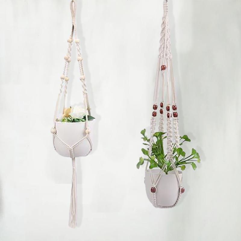 Hængende nettaske til blomsterpotter, moderne boho-stil, beige bomuldssnor, til indendørs og udendørs brug, detaljer.