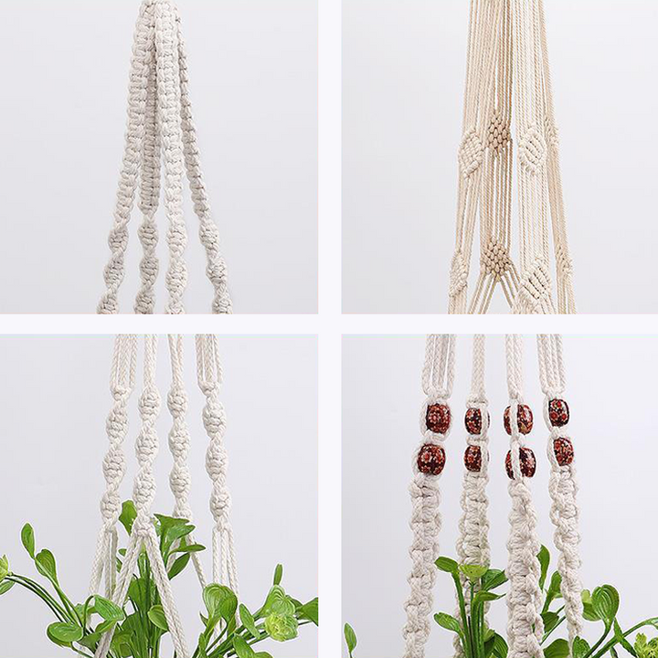 Hængende nettaske til blomsterpotter, moderne boho-stil, beige bomuldssnor, til indendørs og udendørs brug, detaljer.