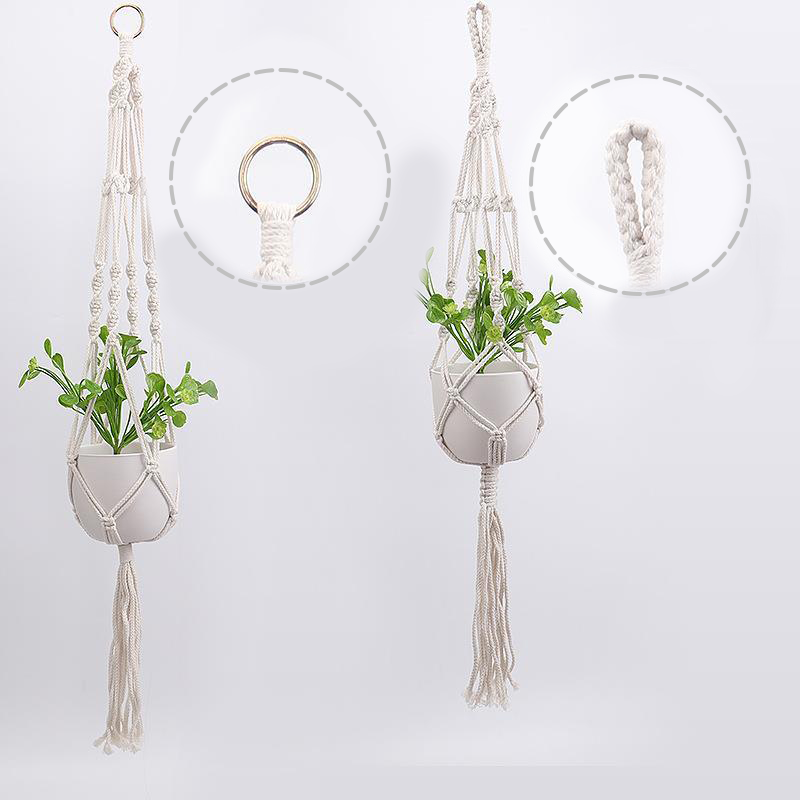Hængende nettaske til blomsterpotter, moderne boho-stil, beige bomuldssnor, til indendørs og udendørs brug, detaljer.