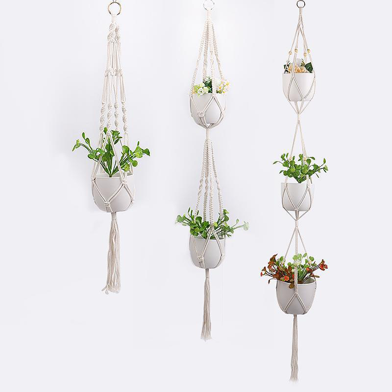Hængende nettaske til blomsterpotter, moderne boho-stil, beige bomuldssnor, til indendørs og udendørs brug, detaljer.