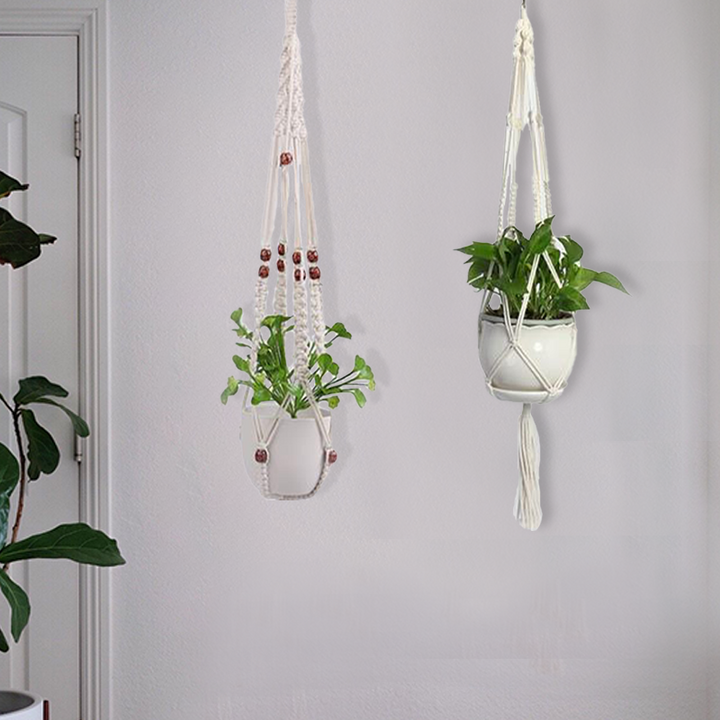 Hængende nettaske til blomsterpotter, moderne boho-stil, beige bomuldssnor, til indendørs og udendørs brug, detaljer.