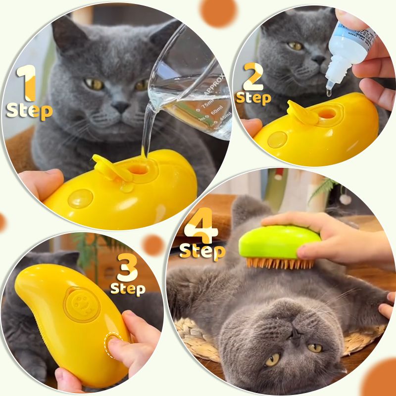 Sprøjtsikker kæledyrskam til katte med dampfunktion, ergonomisk design, gul, til pelspleje.