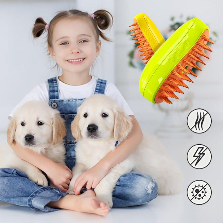 Sprøjtsikker kæledyrskam til katte med dampfunktion, ergonomisk design, gul, til pelspleje.