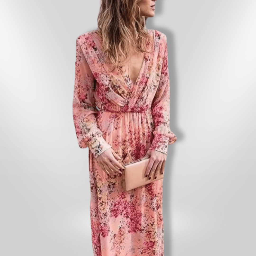 Elegant damekjole med blomsterprint, let stof, dyb V-hals, flæser på ærmerne, boheme stil.