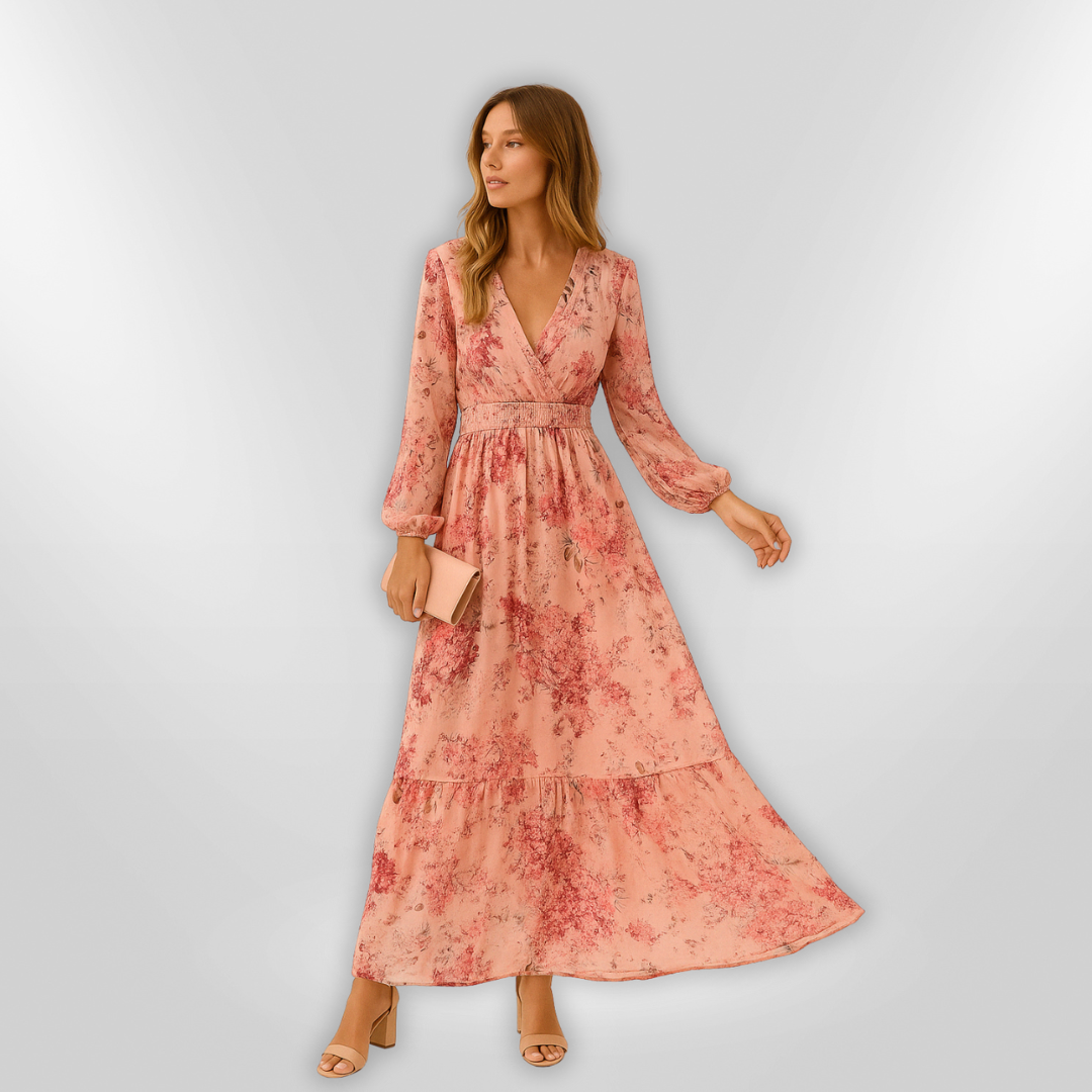 Elegant damekjole med blomsterprint, let stof, dyb V-hals, flæser på ærmerne, boheme stil.