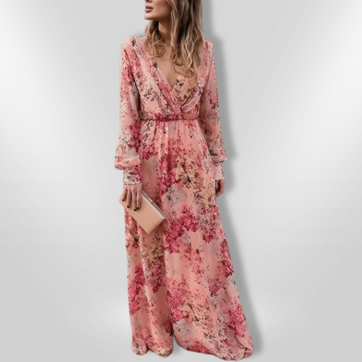Elegant damekjole med blomsterprint, let stof, dyb V-hals, flæser på ærmerne, boheme stil.