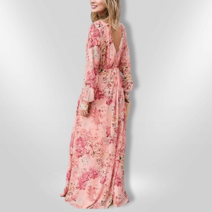 Elegant damekjole med blomsterprint, let stof, dyb V-hals, flæser på ærmerne, boheme stil.