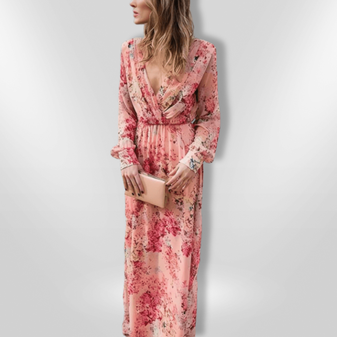 Elegant damekjole med blomsterprint, let stof, dyb V-hals, flæser på ærmerne, boheme stil.