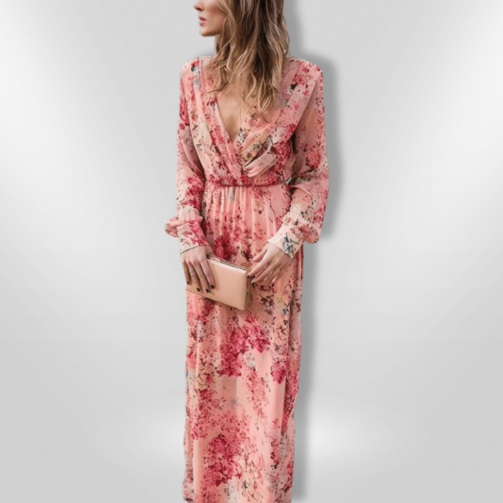 Elegant damekjole med blomsterprint, let stof, dyb V-hals, flæser på ærmerne, boheme stil.