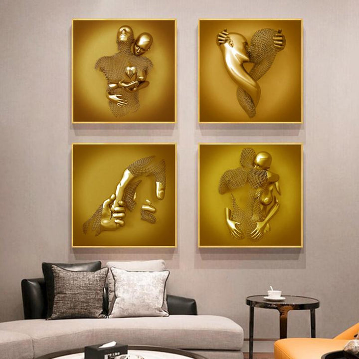 Romantisk vægkunst til par, sølv og guld, elegant stofprint uden ramme, boligdekoration.