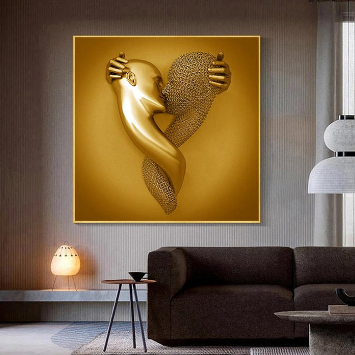 Romantisk vægkunst til par, sølv og guld, elegant stofprint uden ramme, boligdekoration.
