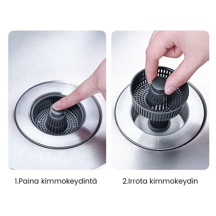 Rustfrit stål bundprop til køkkenvask, sølvfarvet, tryk-type, forhindrer lugt og insekter, moderne design.