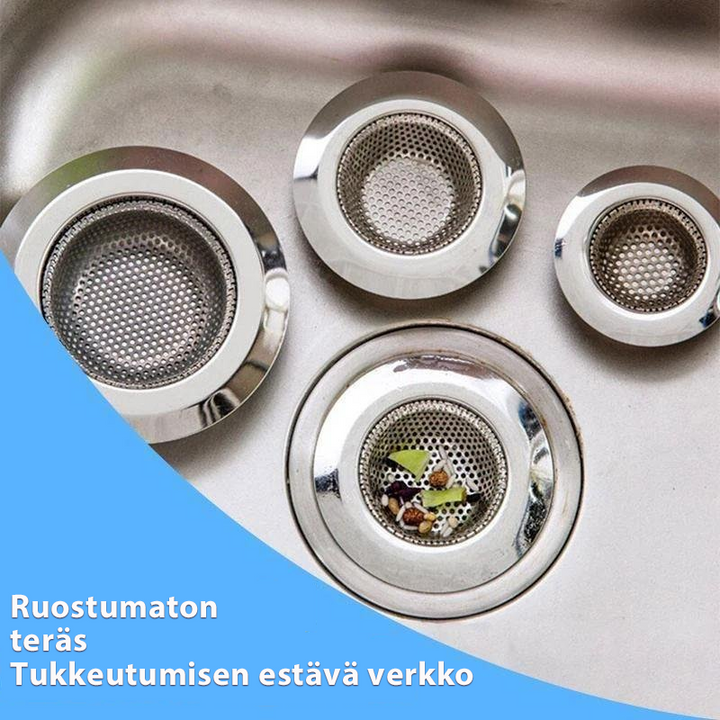 Rustfrit stål vaskefilter i sølv, flere størrelsesmuligheder. Forhindrer blokeringer i køkken og badeværelse.