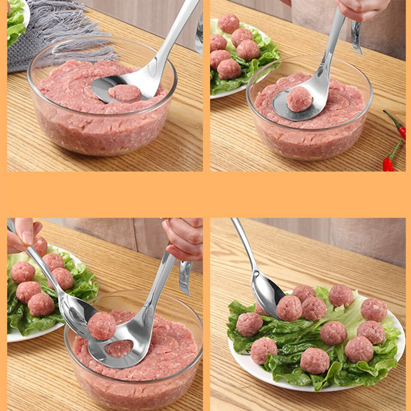 Rustfrit stål kødbolleske med ergonomisk langt håndtag, sølvfarvet, holdbar, nem at lave perfekte kødboller