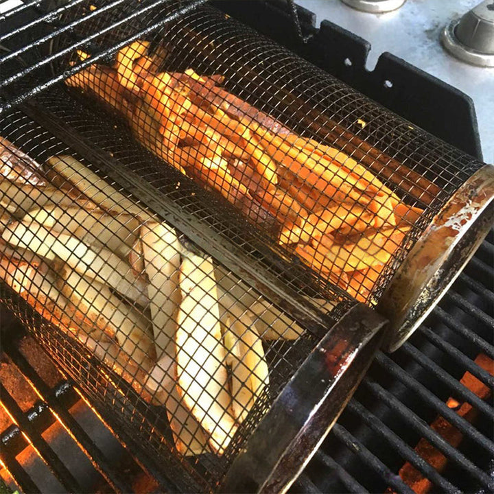 Rustfrit stål BBQ grillkurv; holdbar, 304-stål roterende kurv til jævn tilberedning, nem rengøring, hjem & køkken.
