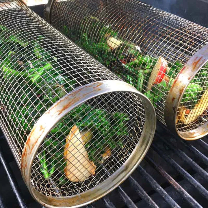 Rustfrit stål BBQ grillkurv; holdbar, 304-stål roterende kurv til jævn tilberedning, nem rengøring, hjem & køkken.