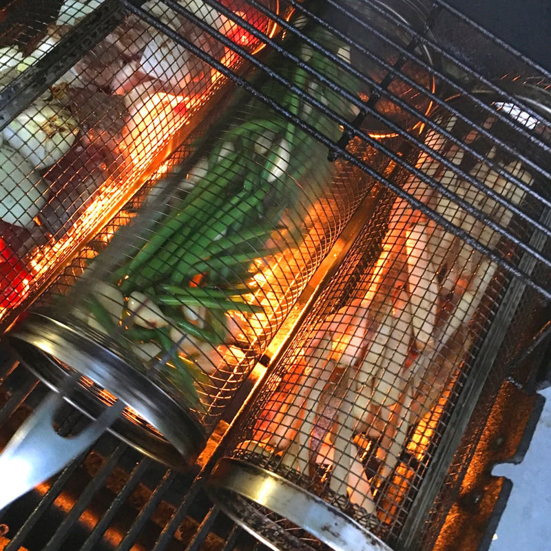 Rustfrit stål BBQ grillkurv; holdbar, 304-stål roterende kurv til jævn tilberedning, nem rengøring, hjem & køkken.