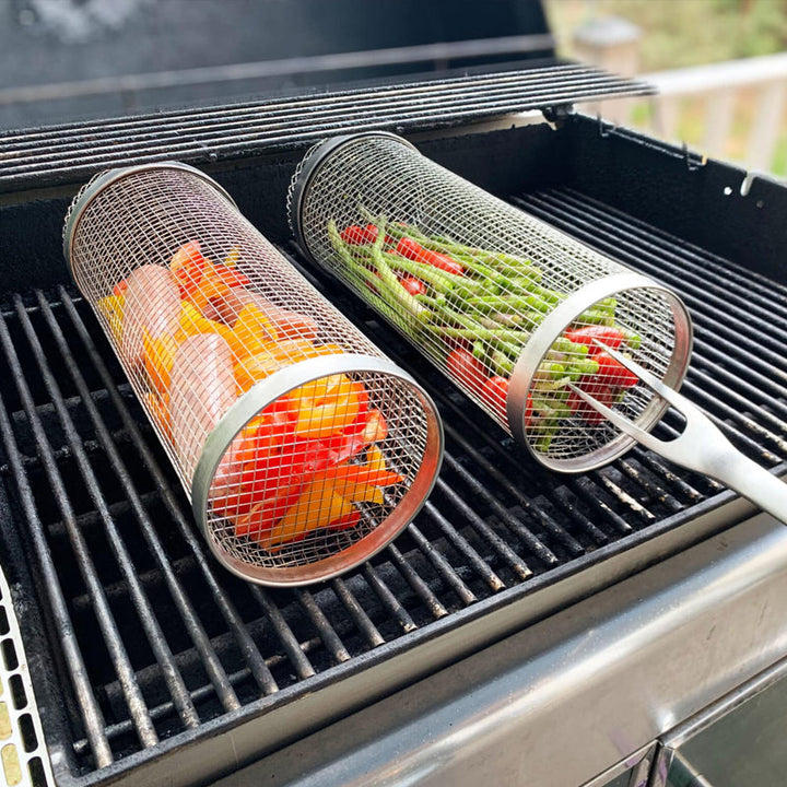 Rustfrit stål BBQ grillkurv; holdbar, 304-stål roterende kurv til jævn tilberedning, nem rengøring, hjem & køkken.