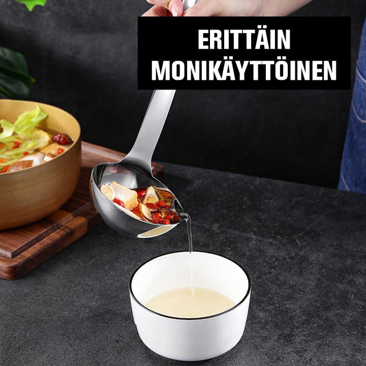 Rustfrit stål si-ske med hældetud, si-funktion, nem hældning, praktisk til køkkenbrug.