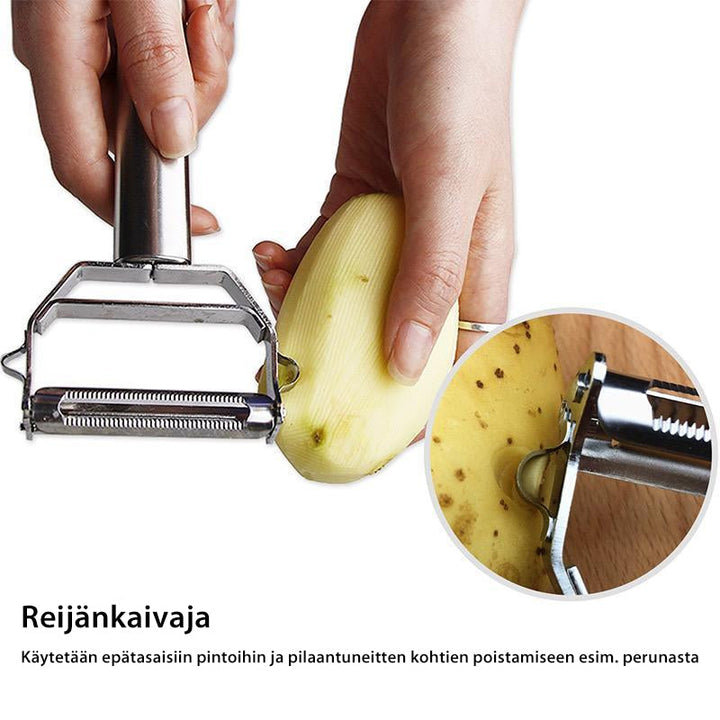Grøntsagsskræller i rustfrit stål, sølvfarvet, ergonomisk håndtag med hængekrog, kompakt og moderne design.
