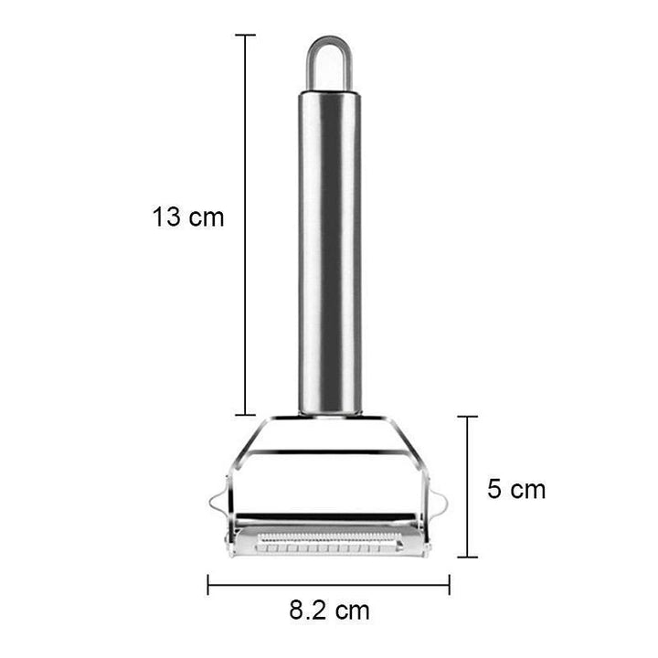 Grøntsagsskræller i rustfrit stål, sølvfarvet, ergonomisk håndtag med hængekrog, kompakt og moderne design.