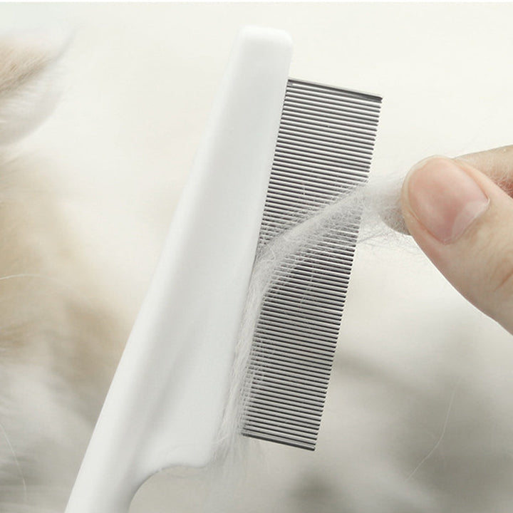 Kæledyrskam i rustfrit stål, hvidt plastikhåndtag, nem at bruge, roterende pigge, velegnet til hunde og katte.