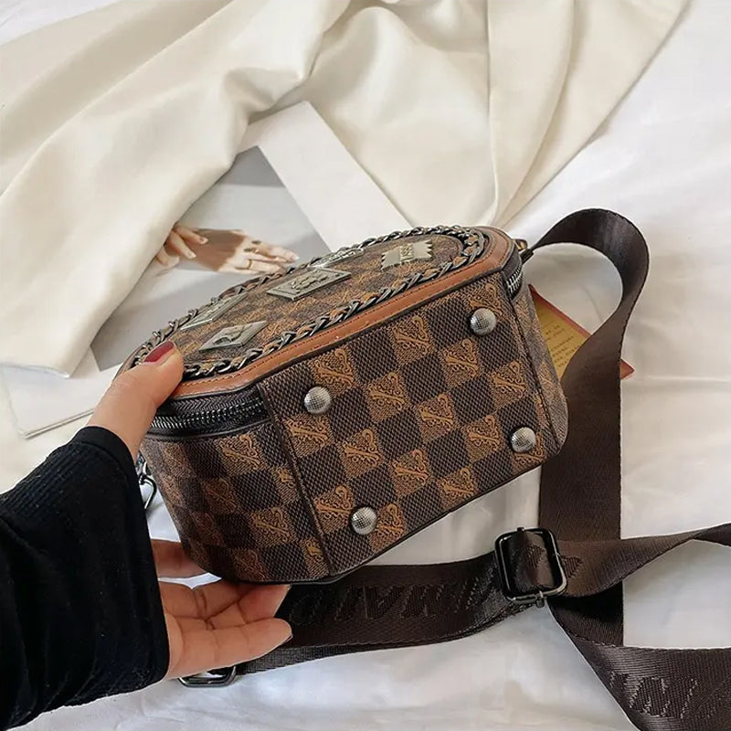 Brun retro PVC-håndtaske til kvinder, tre rum, rummelig og stilfuld, elegant taske til hverdagsbrug og særlige lejligheder