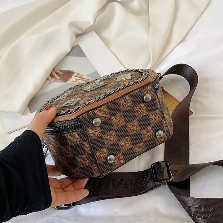 Brun retro PVC-håndtaske til kvinder, tre rum, rummelig og stilfuld, elegant taske til hverdagsbrug og særlige lejligheder