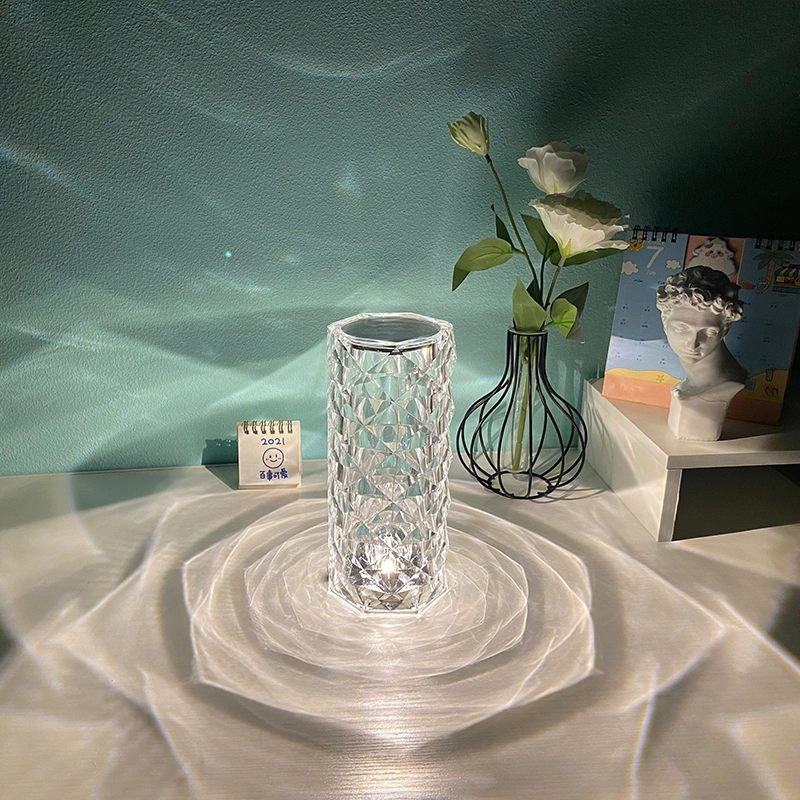 Rosenkrystal bordlampe i akryl, diamantformet, moderne indretning, stemningslys i gennemsigtig nuance