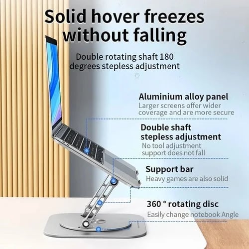 "Säädettävä alumiininen kannettavan jalusta, tyylikäs ja ergonominen, 360° käännettävä, tukee suuria laitteita."