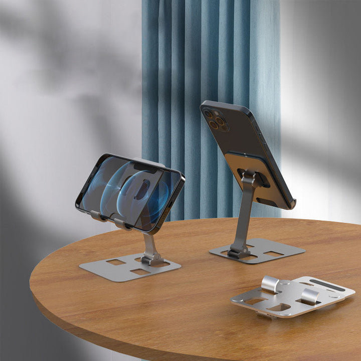 Justerbar aluminium telefonholder, stilfuld og holdbar, sølvfarve, alsidig brug til hjem og kontor.