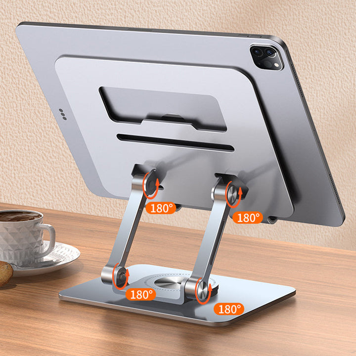 Justerbar aluminiums tabletholder, sølv eller sort, elegant design, ergonomisk og holdbar, passer til 12.9-tommer enheder.