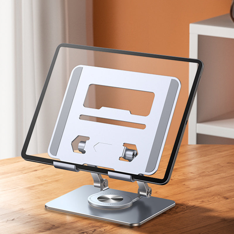 Justerbar aluminiums tabletholder, sølv eller sort, elegant design, ergonomisk og holdbar, passer til 12.9-tommer enheder.
