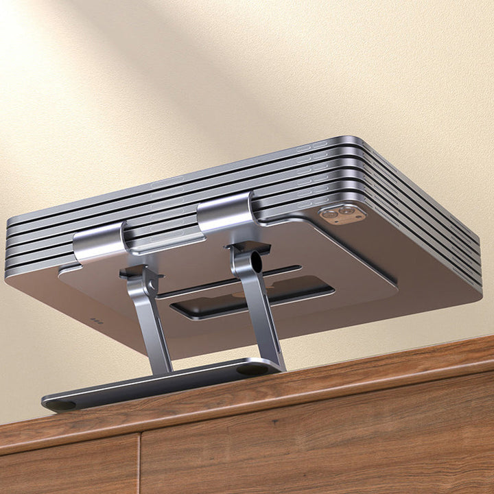Justerbar aluminiums tabletholder, sølv eller sort, elegant design, ergonomisk og holdbar, passer til 12.9-tommer enheder.