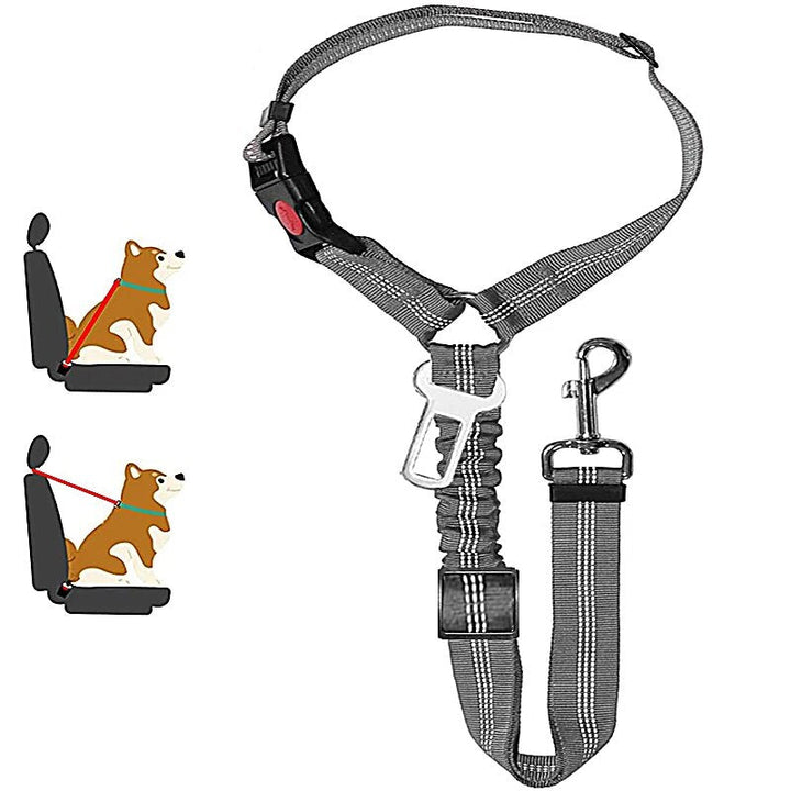 Justerbar hundesele til bilen, sikker, komfortabel; grå sele, fastgøres til bilens sikkerhedssele og blødt materiale.