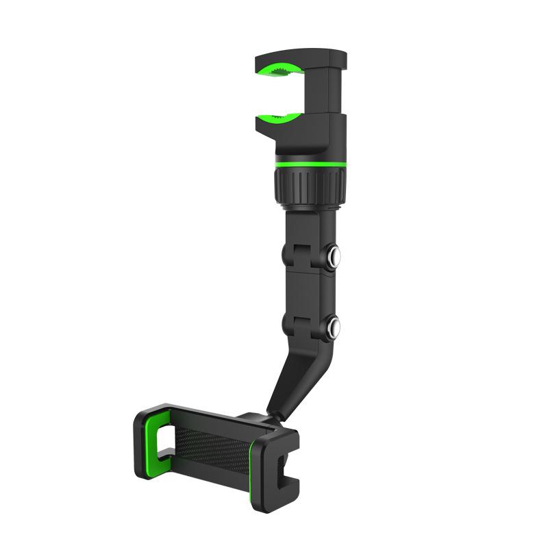 Justerbar grøn biltelefonholder til bakspejl, 960° drejelig, til bilbrug, moderne design, sikker montering.