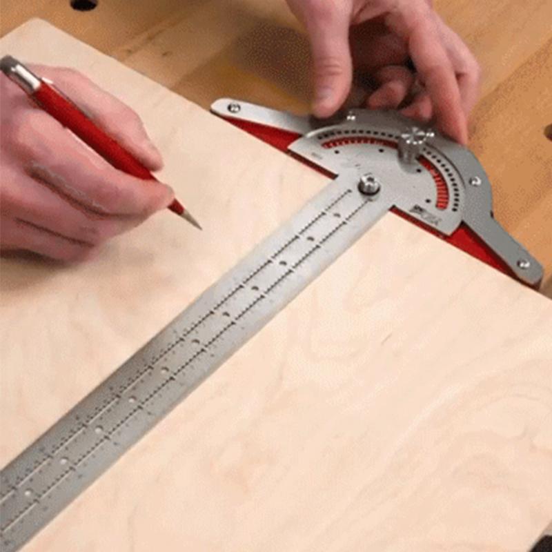 Justerbar sølvfarvet metal vinkelmåler til træarbejde, 0°-70°, ergonomisk design, præcis lasergraveret skala.