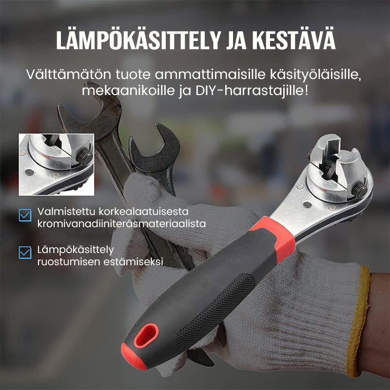 Justerbar skraldenøgle i krom-vanadiumstål med rød-sort ergonomisk håndtag til værktøjsbrug.