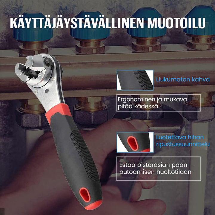 Justerbar skraldenøgle i krom-vanadiumstål med rød-sort ergonomisk håndtag til værktøjsbrug.